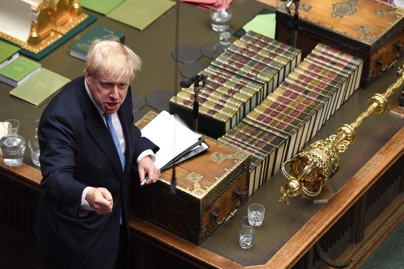 A handout photograph taken and released by the UK Parliament on July 25, 2019 shows Britain's Prime Minister Boris Johnson speaking in the Houses of Parliament in central London.  - EDITORS NOTE THE IMAGE HAS BEEN DIGITALLY ALTERED AT SOURCE TO OBSCURE VISIBLE DOCUMENTS  - RESTRICTED TO EDITORIAL USE - NO USE FOR ENTERTAINMENT, SATIRICAL, ADVERTISING PURPOSES - MANDATORY CREDIT " AFP PHOTO /JESSICA TAYLOR/ UK Parliament" 
 / AFP / UK PARLIAMENT / JESSICA TAYLOR / EDITORS NOTE THE IMAGE HAS BEEN DIGITALLY ALTERED AT SOURCE TO OBSCURE VISIBLE DOCUMENTS  - RESTRICTED TO EDITORIAL USE - NO USE FOR ENTERTAINMENT, SATIRICAL, ADVERTISING PURPOSES - MANDATORY CREDIT " AFP PHOTO /JESSICA TAYLOR/ UK Parliament" 
