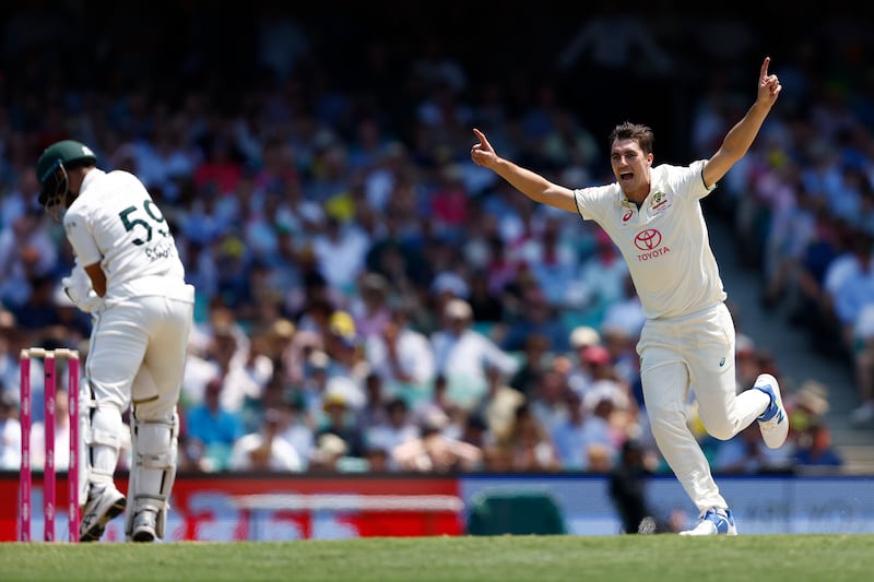 Pat Cummins celebrates the wicket of Saud Shakeel. Getty Images