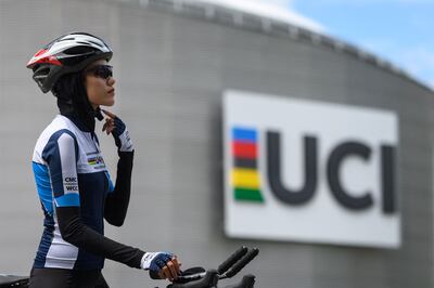 Afghan refugee road cyclist Masomah Ali Zada prepares for a training session at the World Cycling Centre in Tokyo. AFP