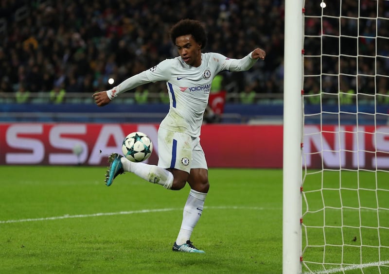 Willian celebrates after scoring Chelsea's second goal in the 4-0 win over Qarabag in the Uefa Champions League on Wednesday night. Peter Cziborra / Reuters