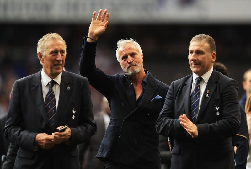 From left: Martin Chivers, David Ginola and Mark Falco walk on the pitch during the closing ceremony after the Premier League match between Tottenham Hotspur and Manchester United at White Hart Lane on May 14, 2017 in London, England. Tottenham Hotspur played their last home match at White Hart Lane after their 112-year stay at the stadium. Spurs will play at Wembley Stadium next season with a move to a newly built stadium for the 2018/19 campaign. Richard Heathcote / Getty Images