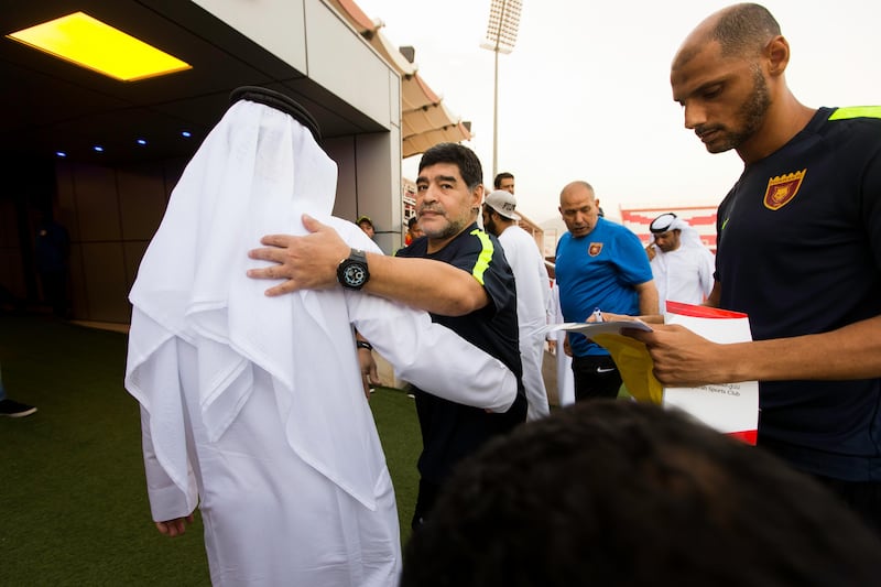 Diego Maradona arrives for his first day as Fujairah manager.. Christopher Pike / The National