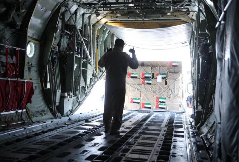 Medical aid is loaded onto a flight bound for Iran. The UAE has donated more than 400 tonnes of aid to at least 43 countries since the outbreak of Covid-19. Wam