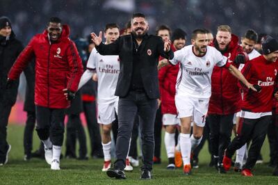 epa06571562 Milan's coach Gennaro Gattuso celebrates the victory at the end of after the Italian Cup semi-final second leg soccer match SS Lazio vs AC Milan at Olimpico stadium in Rome, Italy, 28 February 2018.  EPA/ANGELO CARCONI