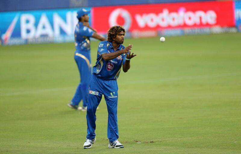 Lasith Malinga of Mumbai Indians playing in the IPL match against Sunrisers Hyderabad in Dubai on Wednesday. Pawan Singh / The National / April 30, 2014