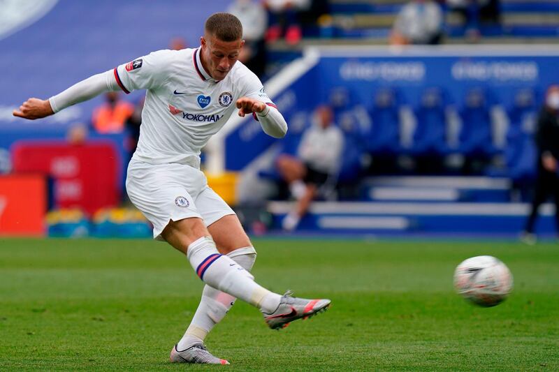 Chelsea's English midfielder Ross Barkley has an unsuccessful shot during the English FA Cup quarter-final football match between Leicester City and Chelsea at King Power Stadium in Leicester, central England on June 28, 2020. RESTRICTED TO EDITORIAL USE. No use with unauthorized audio, video, data, fixture lists, club/league logos or 'live' services. Online in-match use limited to 120 images. An additional 40 images may be used in extra time. No video emulation. Social media in-match use limited to 120 images. An additional 40 images may be used in extra time. No use in betting publications, games or single club/league/player publications.
 / AFP / POOL / Tim Keeton / RESTRICTED TO EDITORIAL USE. No use with unauthorized audio, video, data, fixture lists, club/league logos or 'live' services. Online in-match use limited to 120 images. An additional 40 images may be used in extra time. No video emulation. Social media in-match use limited to 120 images. An additional 40 images may be used in extra time. No use in betting publications, games or single club/league/player publications.
