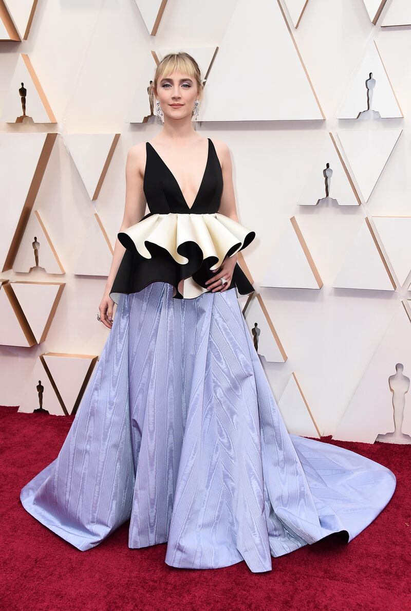 Saoirse Ronan wears custom Gucci at the Oscars at the Dolby Theatre in Los Angeles. AP