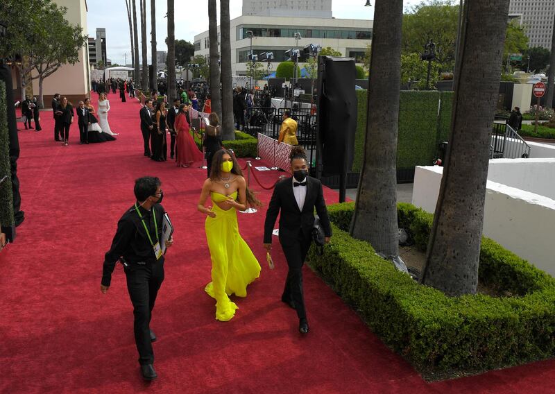 Zendaya walks the red carpet at the Academy Awards in Los Angeles, California. AP