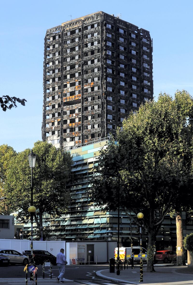 The burnt out remains of the Grenfell apartment tower is seen in North Kensington, London, Britain, September 24, 2017.  REUTERS/Eddie Keogh - RC1A7ECD7060