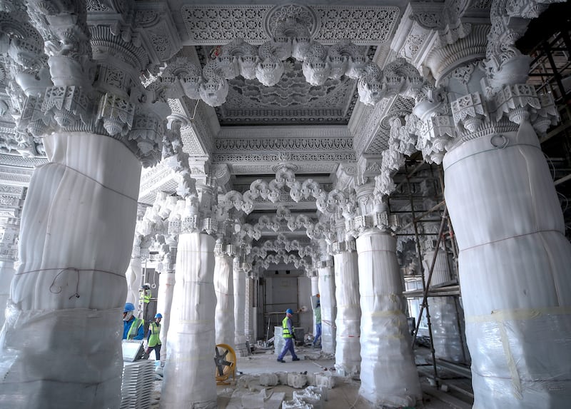 The marble sculptures are covered to protect the carvings - a single pillar can take four artisans at least a year to complete. Victor Besa / The National