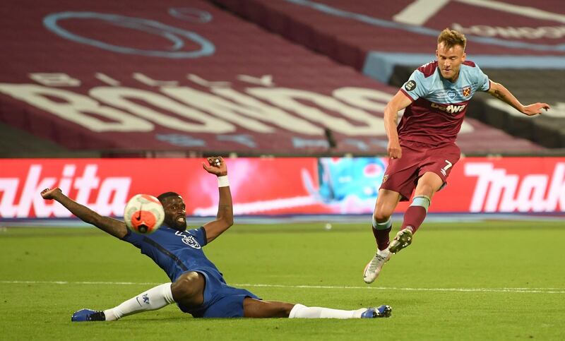West Ham's Andriy Yarmolenko scores this winning goal past Chelsea's Antonio Rudiger. AP