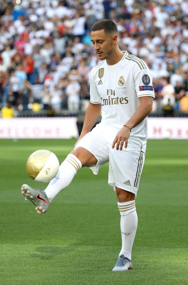 Eden Hazard controls the ball during his unveiling at Real Madrid. Getty Images