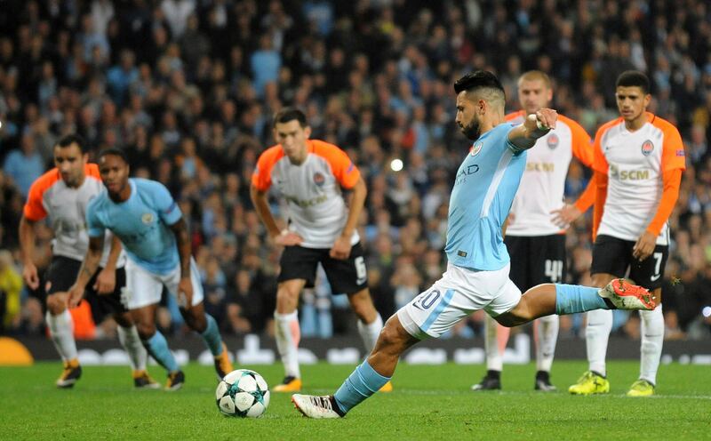 Manchester City's Sergio Aguero takes the penalty that is saved by Shakhtar goalkeeper Andriy Pyatov. Rui Vieira / AP Photo