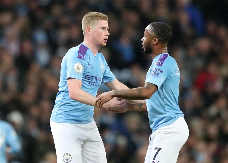 Manchester City's Kevin De Bruyne (L) celebrates with Manchester City's Raheem Sterling (R) after scoring a goal. EPA