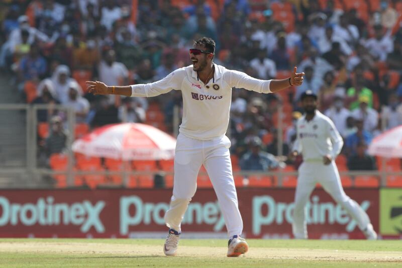 Axar Patel of India  celebrates the wicket of Jonny bairstow during day one of the third PayTM test match between India and England held at the Narendra Modi Stadium , Ahmedabad, Gujarat, India on the 24th February 2021

Photo by Pankaj Nangia/ Sportzpics for BCCI