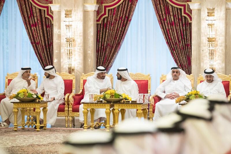 Sheikh Mohammed bin Zayed, Crown Prince of Abu Dhabi and Deputy Supreme Commander of the Armed Forces, attends an iftar reception hosted by Sheikh Mohammed bin Rashid, Vice President and Ruler of Dubai, at Zabeel Palace. Seen with Sheikh Mansour bin Zayed, Deputy Prime Minister and Minister of Presidential Affairs, Sheikh Hamdan bin Mohammed, Crown Prince of Dubai, Sheikh Saif bin Zayed, Deputy Prime Minister and Minister of Interior, and Sheikh Abdullah bin Zayed, Minister of Foreign Affairs and International Cooperation. Ryan Carter / Crown Prince Court — Abu Dhabi