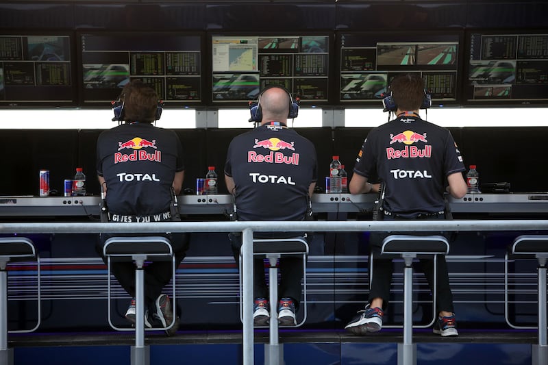 ABU DHABI , UNITED ARAB EMIRATES  Ð  Nov 11 : Team members of Red Bull during the Formula 1 first practice session at the Yas Marina Circuit in Abu Dhabi. ( Pawan Singh / The National ) For Sports. Story by Graham and Gary