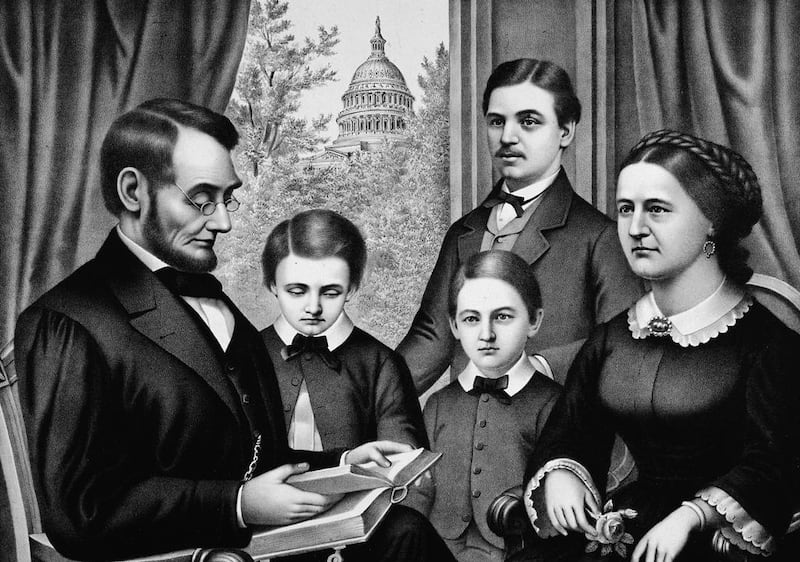 A lithograph showing, from left, American president Abraham Lincoln with his youngest son Thomas ‘Tad’, William ‘Willie’, eldest son Robert, and the First Lady Mary Todd Lincoln. Getty Images