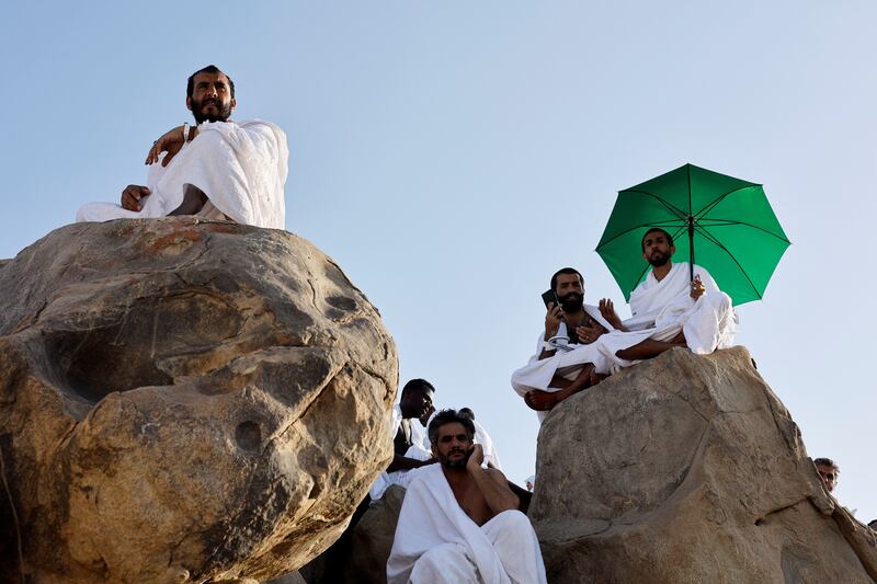 Muslim pilgrims gather on Mount of Mercy. Reuters