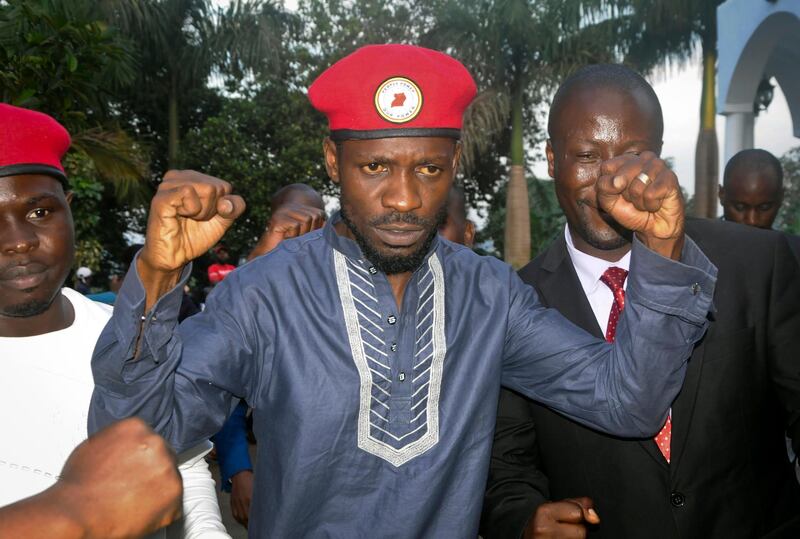 Bobi Wine greets his followers as he arrives home after being released from prison, in Kampala on May 2, 2019. AP Photo