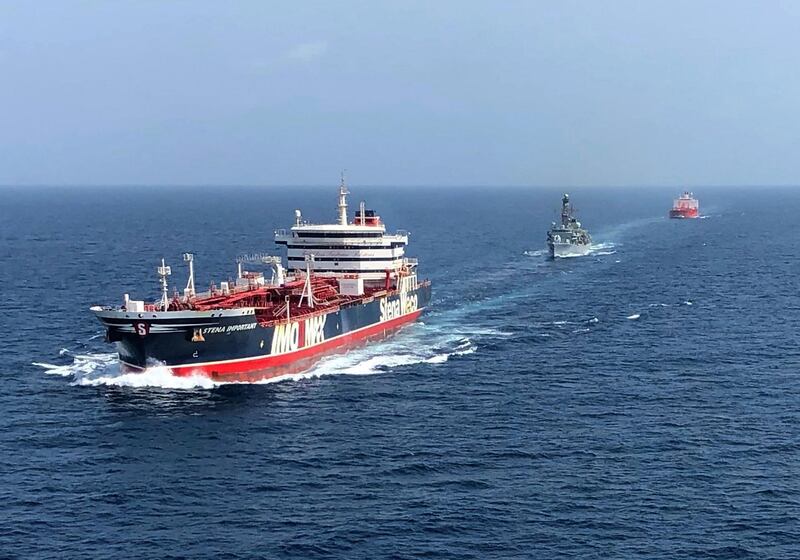 A handout picture taken on and released by the Ministry of Defence on July 25, 2019 shows the HMS Montrose (C) accompanying the Stena Important (L) and the Sea Ploeg vessels in the Gulf. 

  - RESTRICTED TO EDITORIAL USE - MANDATORY CREDIT  " AFP PHOTO / CROWN COPYRIGHT 2013 "  -  NO MARKETING NO ADVERTISING CAMPAIGNS   -   DISTRIBUTED AS A SERVICE TO CLIENTS  -  NO ARCHIVE - TO BE USED WITHIN 2 DAYS FROM + DATE (48 HOURS), EXCEPT FOR MAGAZINES WHICH CAN PRINT THE PICTURE WHEN FIRST REPORTING ON THE EVENT
 / AFP / MOD / CROWN COPYRIGHT 2019 / Handout / RESTRICTED TO EDITORIAL USE - MANDATORY CREDIT  " AFP PHOTO / CROWN COPYRIGHT 2013 "  -  NO MARKETING NO ADVERTISING CAMPAIGNS   -   DISTRIBUTED AS A SERVICE TO CLIENTS  -  NO ARCHIVE - TO BE USED WITHIN 2 DAYS FROM + DATE (48 HOURS), EXCEPT FOR MAGAZINES WHICH CAN PRINT THE PICTURE WHEN FIRST REPORTING ON THE EVENT
