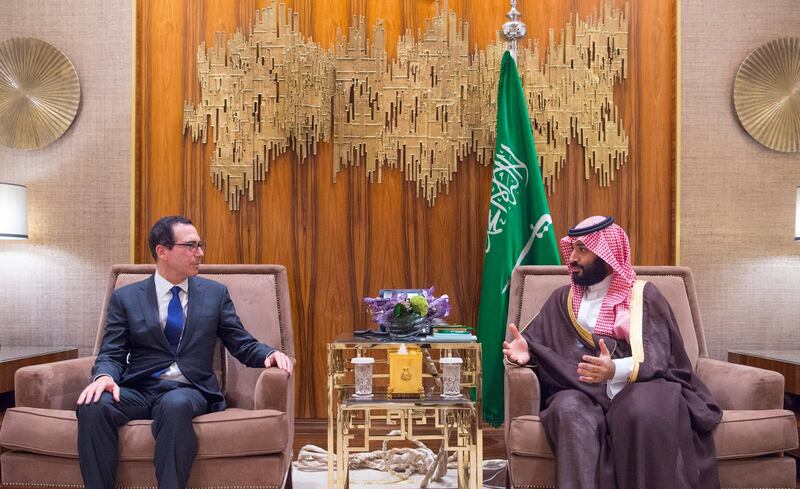 The Saudi Crown Prince Mohammed bin Salman  meets with U.S. Treasury Secretary Steven Mnuchin in Riyadh, Saudi Arabia October 22, 2018. Picture taken October 22, 2018.  Bandar Algaloud/Courtesy of Saudi Royal Court/Handout via REUTERS ATTENTION EDITORS - THIS PICTURE WAS PROVIDED BY A THIRD PARTY.