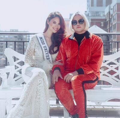 Miss Universe Bahrain national director Josh Yugen, right, with Miss Universe 2018 Catriona Gray from the Philippines. Photo: Yugen Group