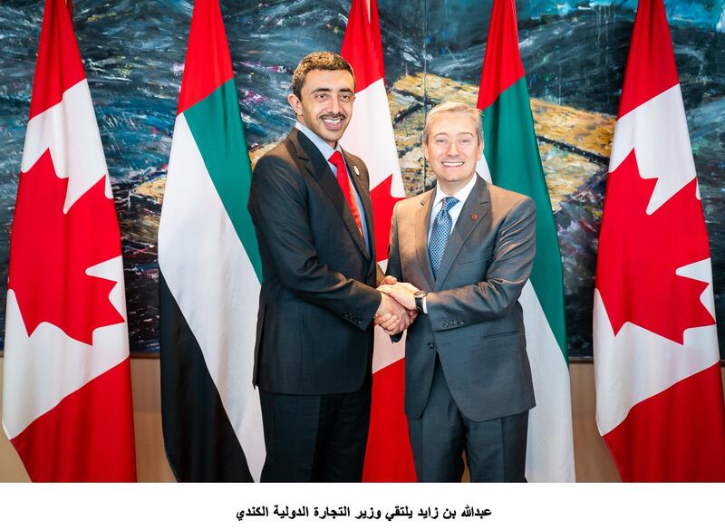 Sheikh Abdullah bin Zayed, Minister of Foreign Affairs and International Co-operation, meets with Francois-Philippe Champagne, Minister of Foreign Affairs in Ottawa, Canada, in 2018. Wam