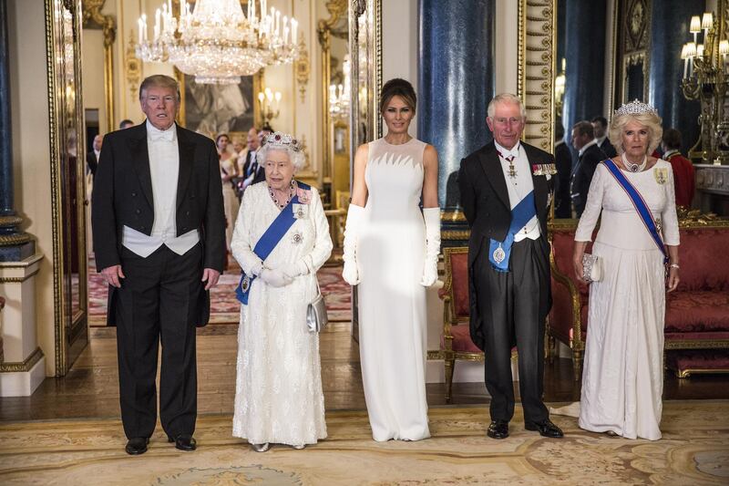 US President Donald Trump, Queen Elizabeth II, First Lady Melania Trump, Prince Charles Prince of Wales and Camilla Duchess of Cornwall attend a State Banquet at Buckingham Palace in London, England.  Getty Images