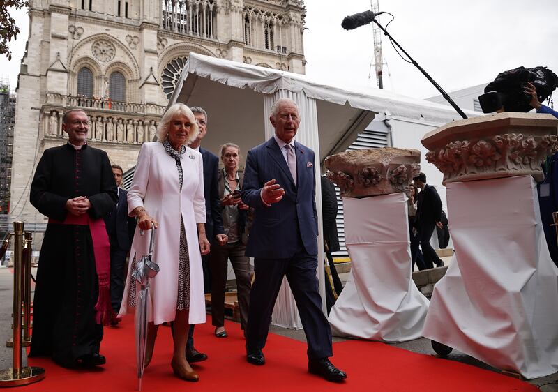 Britain's King Charles III and his wife Queen Camilla visit the Notre-Dame Cathedral rebuilding site in Paris. EPA
