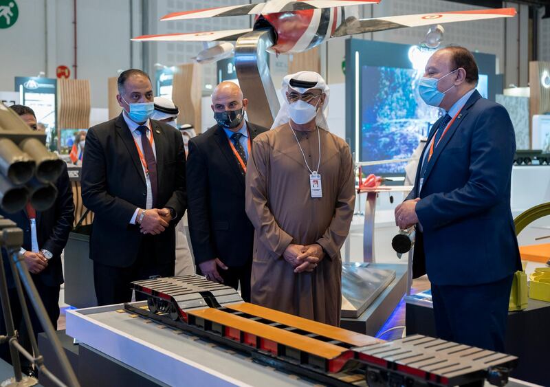 ABU DHABI, UNITED ARAB EMIRATES - February 24, 2021: HH Sheikh Mohamed bin Zayed Al Nahyan, Crown Prince of Abu Dhabi and Deputy Supreme Commander of the UAE Armed Forces (2nd R), tours the International Defence Exhibition and Conference (IDEX), at ADNEC.

( Hamad Al Kaabi / Ministry of Presidential Affairs )​
---