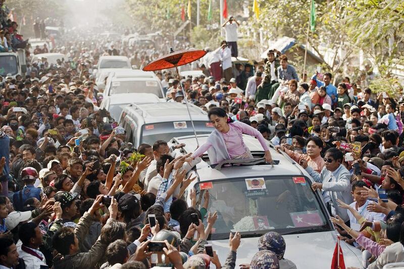 Myanmar’s opposition leader Aung San Suu Kyi is the favourite to win the country’s general election but she is barred from the presidency. Ye Aung Thu / AFP