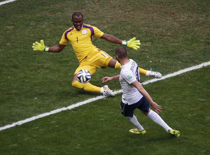 France's Karim Benzema attempts to score against Nigeria's goalkeeper Vincent Enyeama during their 2014 World Cup round of 16 match on Monday. David Gray / Reuters / June 30, 2014
