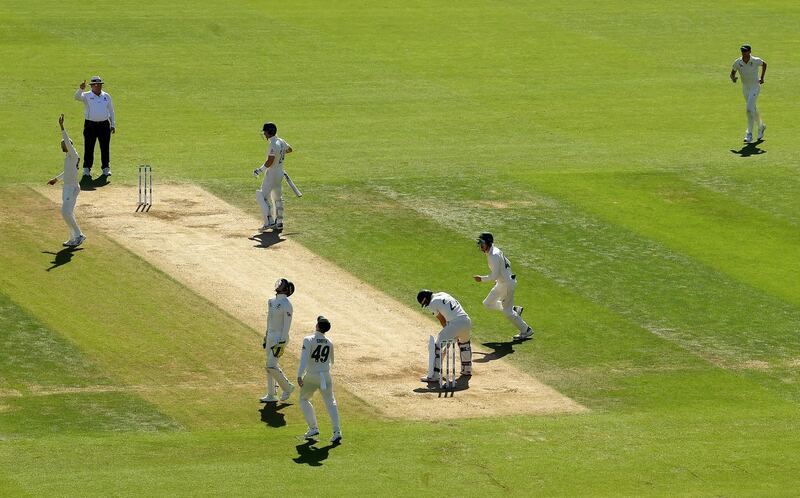 Australia celebrate the wicket of Rory Burns. Getty