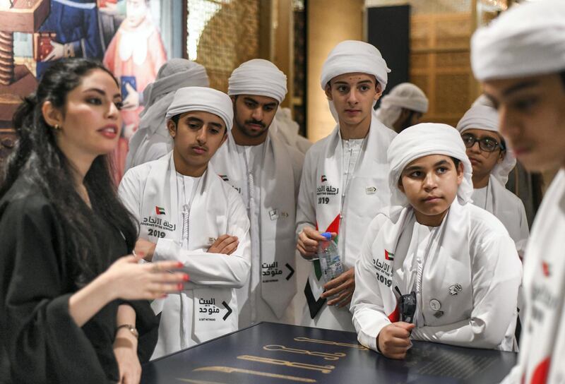 Abu Dhabi, United Arab Emirates - Fourteen boys are chosen, two from each Emirate to travel across the United Arab Emirates on a journey of national identity, at Qasr Al Watan. Khushnum Bhandari for The National
