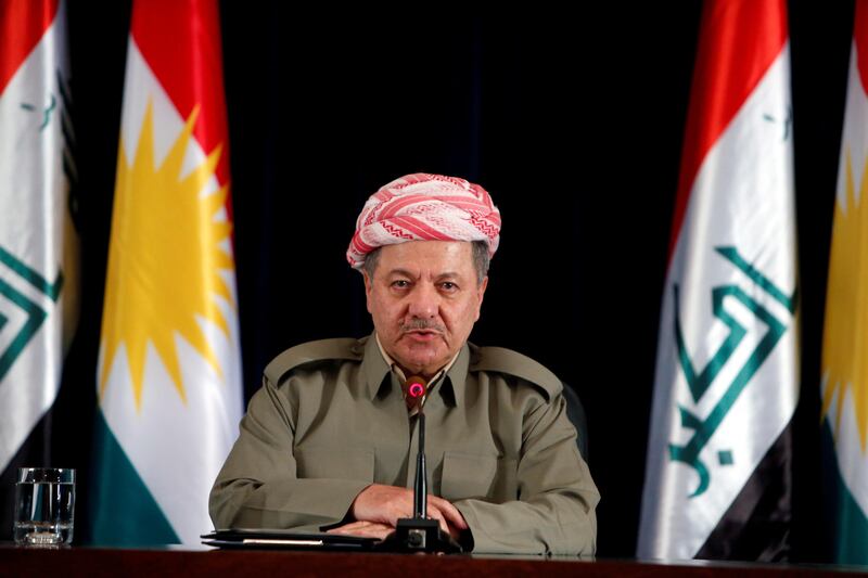 FILE PHOTO - Iraqi Kurdish president Masoud Barzani speaks during a news conference in Erbil, Iraq September 24, 2017. REUTERS/Azad Lashkari/File Photo