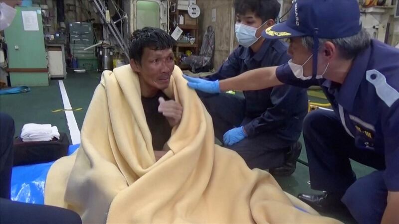 A Filipino crew member from the missing livestock ship is seen after being rescued by the Japan Coast Guard off the coast of Japan. Reuters