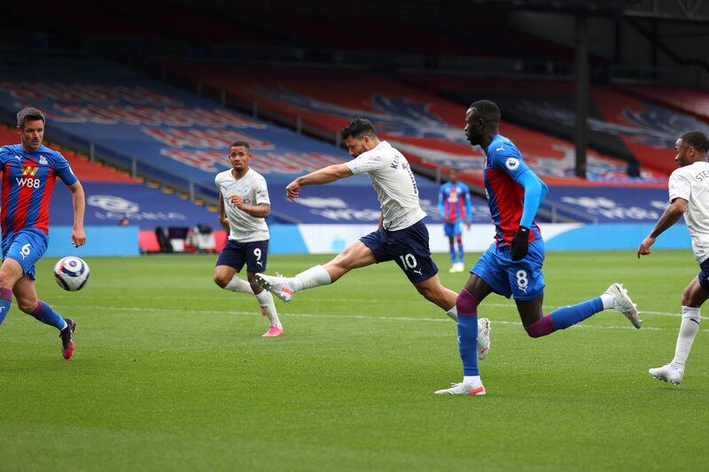 LONDON, ENGLAND - MAY 01: Sergio Aguero of Manchester City scores his team's first goal during the Premier League match between Crystal Palace and Manchester City at Selhurst Park on May 01, 2021 in London, England. Sporting stadiums around the UK remain under strict restrictions due to the Coronavirus Pandemic as Government social distancing laws prohibit fans inside venues resulting in games being played behind closed doors. (Photo by Catherine Ivill/Getty Images)