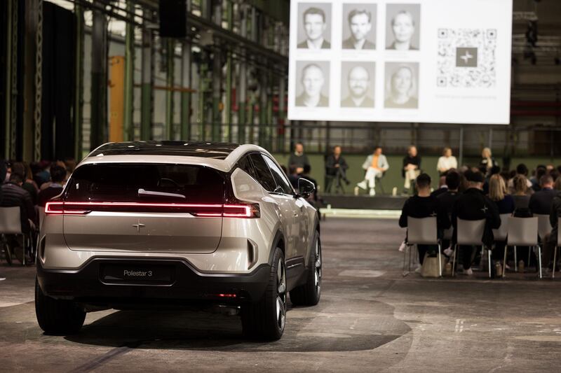 A Polestar 3 on display at Denmark's Train Workshop venue.