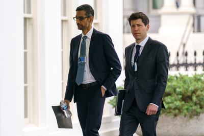 Alphabet CEO Sundar Pichai, left, and OpenAI CEO Sam Altman arrive to the White House for a meeting with Vice President Kamala Harris on artificial intelligence, on, May 4, in Washington. AP