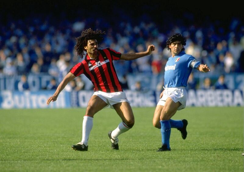 May 1988:  Ruud Gullit of AC Milan and Diego Maradona in action during the Italian Serie A in Napoli, Italy. Milan won the match 3-2. \ Mandatory Credit: Allsport UK /Allsport