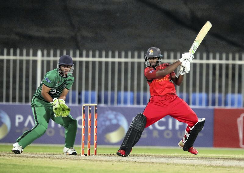 Sharjah, United Arab Emirates - Reporter: Paul Radley. Sport. Cricket. Sharjah's Vriitya Aravind bats. Final of the Emirates D10, Fujairah v Sharjah. Monday, April 5th, 2021. Sharjah. Chris Whiteoak / The National