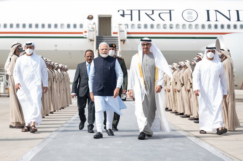 President Sheikh Mohamed receives Indian Prime Minister Narendra Modi at the Presidential Airport in Abu Dhabi. All photos: Ministry of Presidential Affairs 
