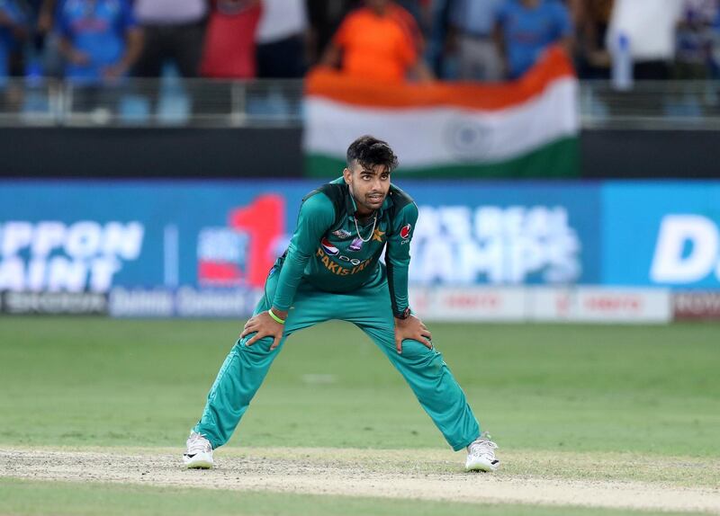 Dubai, United Arab Emirates - September 23, 2018: Pakistan's Shadab Khan looks disappointed during the game between India and Pakistan in the Asia cup. Sunday, September 23rd, 2018 at Sports City, Dubai. Chris Whiteoak / The National