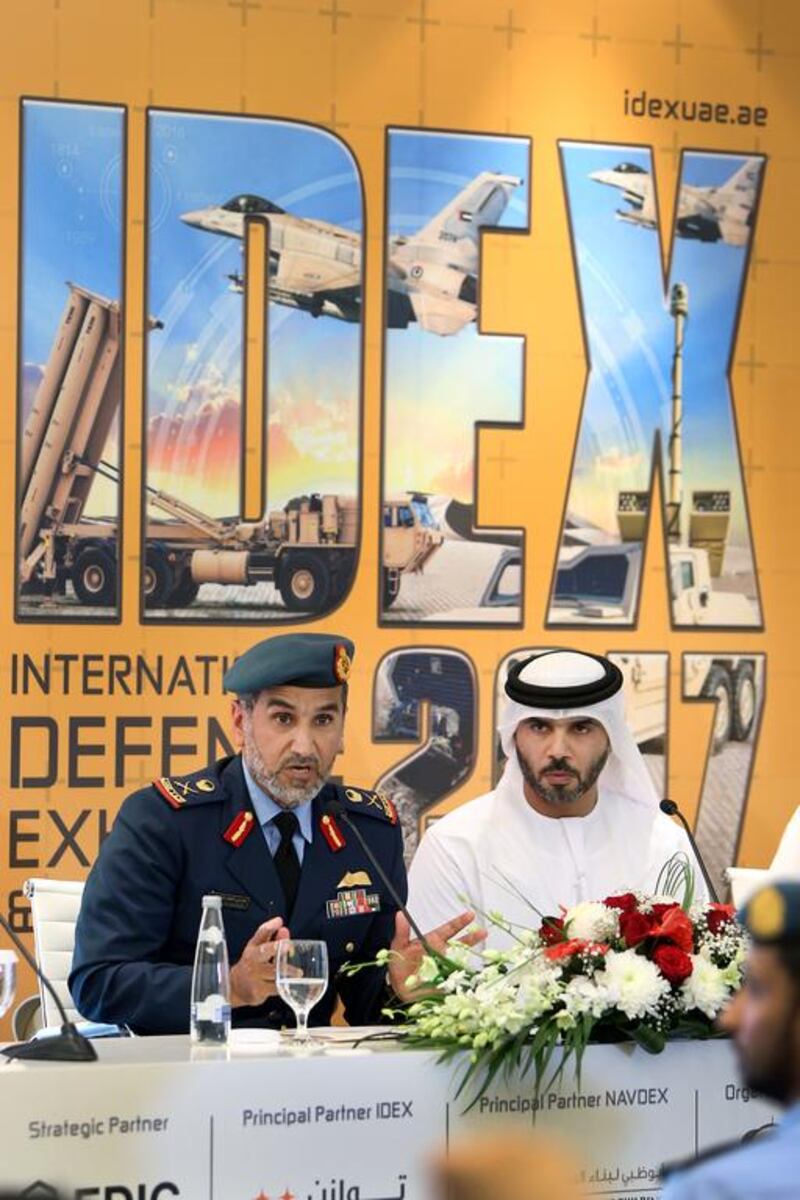 Staff Major General Pilot Faris Al Mazrouei, the chairman of the Higher Organising Committee of Idex 2017 and Navdex 2017, with Humaid Al Dhaheri, the group chief executive of Abu Dhabi National Exhibitions Company, spoke during a press conference on Wednesday for the upcoming Idex 2017 and Navdex 2017 Conferences to be held at Adnec in Abu Dhabi from Sunday, February 19. Delores Johnson / The National