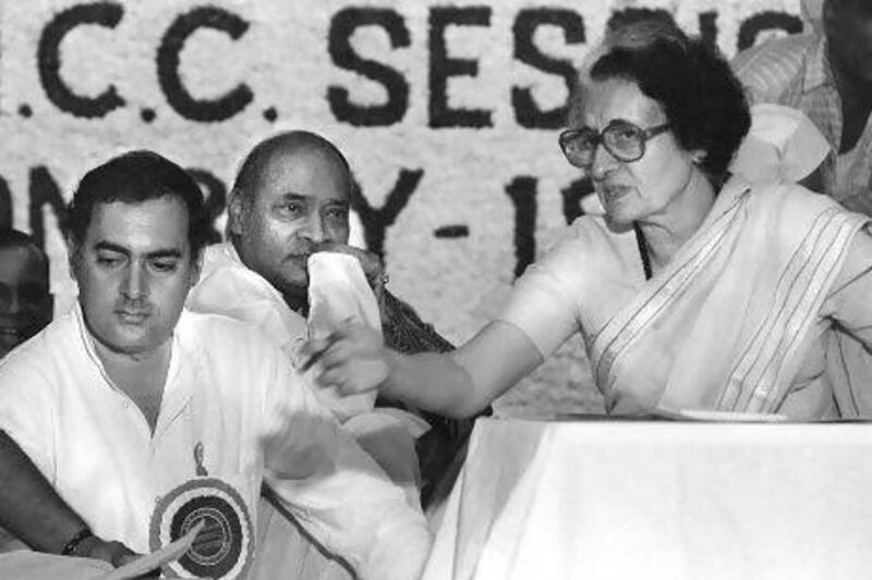 Indian prime minister Indira Gandhi (right) and her son Rajiv (left) at a Congress Party meeting in New Delhi in early 1984.