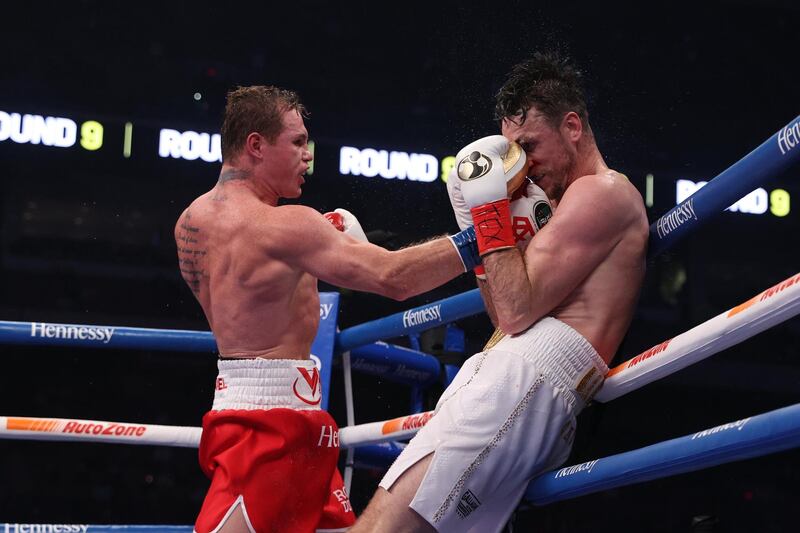 DCanelo Alvarez (red) and Callum Smith during their WBA, WBC and Ring Magazine super middleweight championship bout at the Alamodome in San Antonio. USA Today