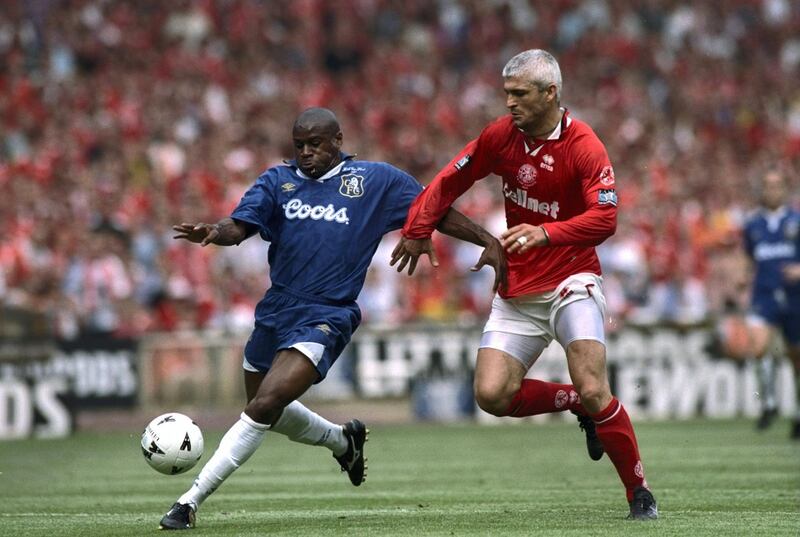 17 May 1997:  Frank Sinclair of Chelsea holds off Fabrizio Ravanelli of Middlesbrough during the FA Cup Final at Wembley Stadium in London, England. Chelsea won 2-0. \ Mandatory Credit: Shaun Botterill /Allsport