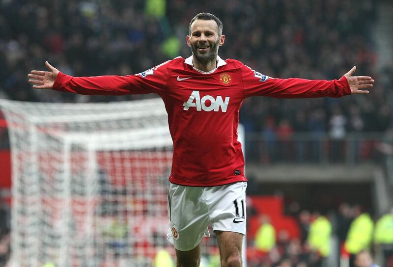 MANCHESTER, ENGLAND - JANUARY 22:  Ryan Giggs of Manchester United celebrates scoring their third goal during the Barclays Premier League match between Manchester United and Birmingham City at Old Trafford on January 22, 2011 in Manchester, England.  (Photo by John Peters/Manchester United via Getty Images)