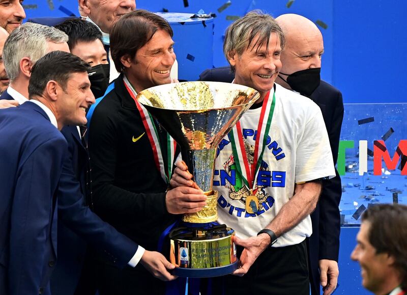 Left to right: Inter Milan vice-president Javier Zanetti, president Steven Zhang, manager Antonio Conte, sports coordinator Gabriele Oriali and chief exutive Giuseppe Marotta. AFP